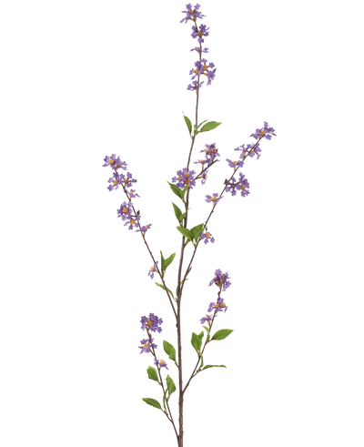 De Kunstbloem Bloemen 119 cm paars heeft een hoge, slanke tak met trossen kleine paarse bloemen en groene bladeren, perfect om elke ruimte op te fleuren.