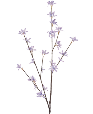 De Kunstbloem Wilde bloemen 112 cm lila heeft drie slanke bruine stelen met delicate paarse bloemen en smalle groene bladeren, tegen een effen witte achtergrond.
