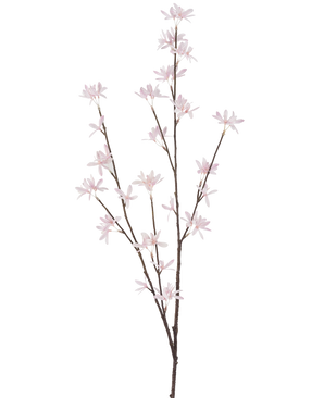 De Kunstbloem Wilde bloemen 112 cm lichtroze is een enkele bruine tak met meerdere dunne stelen, elk versierd met kleine, delicate lichtroze bloemen, weergegeven op een effen witte achtergrond.