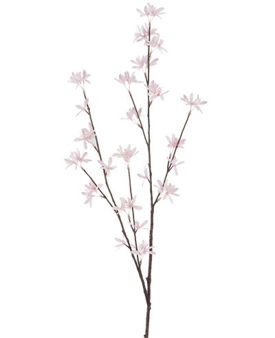 De Kunstbloem Wilde bloemen 112 cm lichtroze is een enkele bruine tak met meerdere dunne stelen, elk versierd met kleine, delicate lichtroze bloemen, weergegeven op een effen witte achtergrond.
