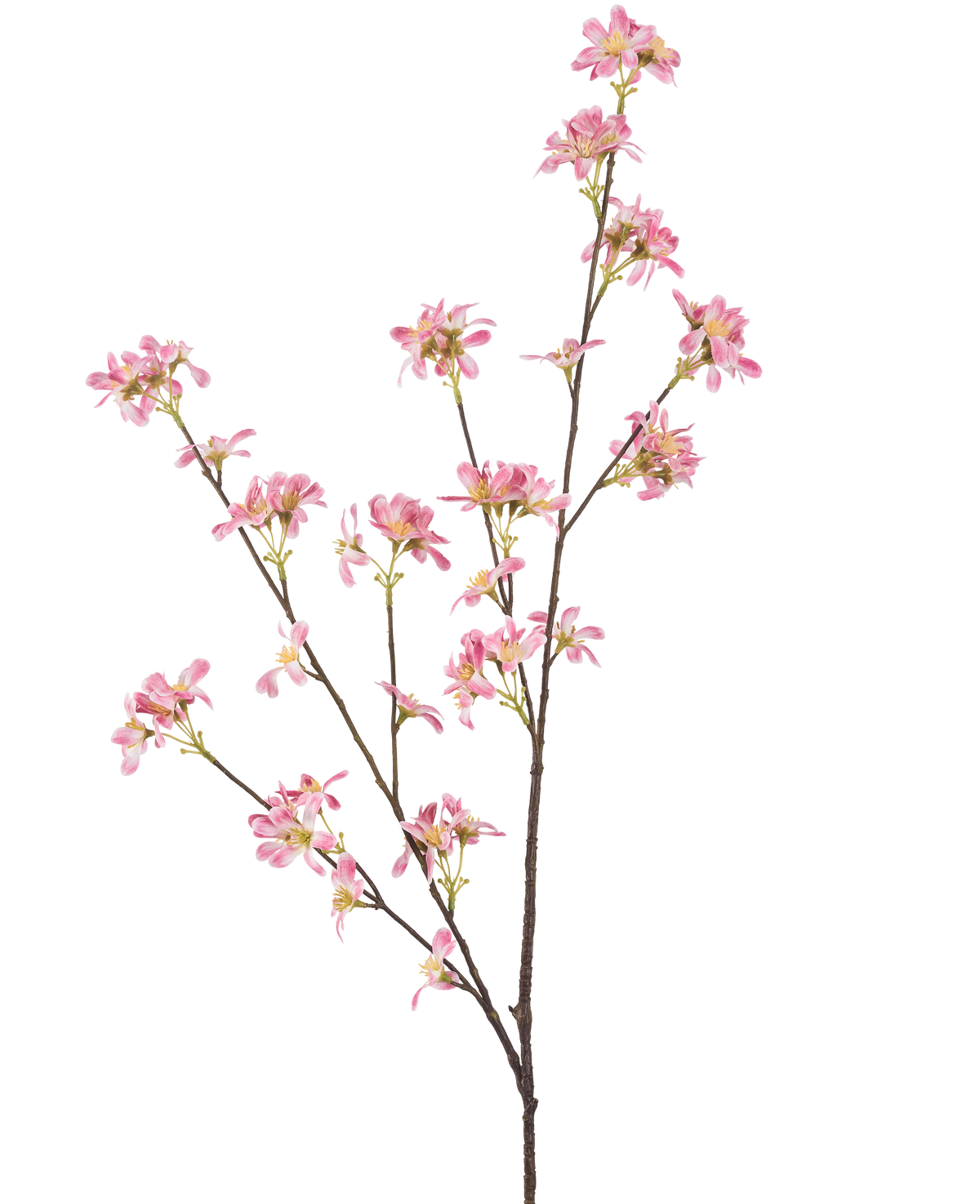 The Artificial Flower Flowers 112 cm pink has a single brown branch with multiple offshoots, decorated with bunches of small pink flowers with a yellow heart, against a plain white background.