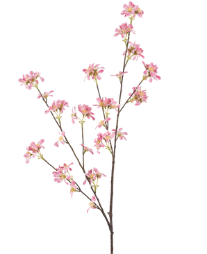 De Kunstbloem Bloemen 112 cm roze heeft een enkele bruine tak met meerdere uitlopers, versierd met trosjes kleine roze bloemen met een geel hart, tegen een effen witte achtergrond.