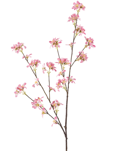 De Kunstbloem Bloemen 112 cm roze heeft een enkele bruine tak met meerdere uitlopers, versierd met trosjes kleine roze bloemen met een geel hart, tegen een effen witte achtergrond.