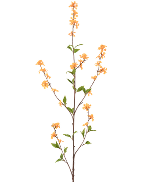 Een hoge, slanke Kunstbloem Bloemen 119 cm geel met verschillende uitlopers met trossen kleine gele bloemen en groene bladeren, geïsoleerd op een witte achtergrond.