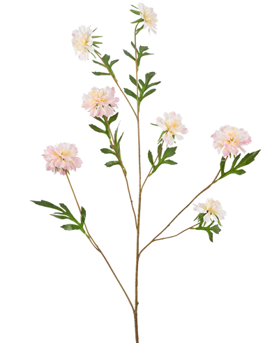 De Kunstbloem Korenbloem 112 cm lichtroze heeft een lange, dunne steel met verschillende takken, elk met lichtroze pioenachtige bloemen en groene bladeren, tegen een effen witte achtergrond.