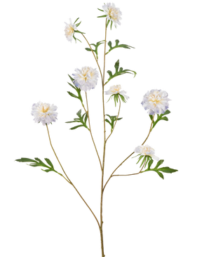 Een hoge kunststengel genaamd Kunstbloem Korenbloem 112 cm lichtblauw met meerdere takken, elk met lichtblauwe korenbloemen en groene bladeren, tegen een effen witte achtergrond.