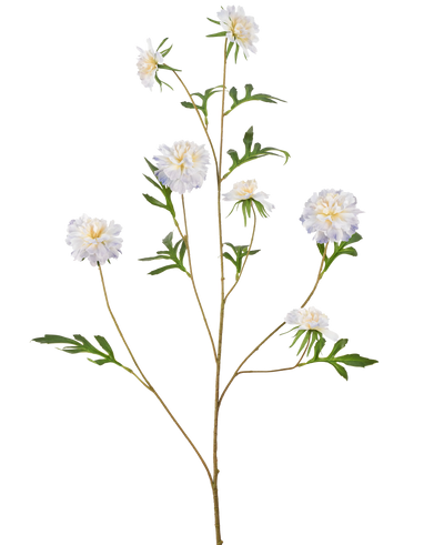 Een hoge kunststengel genaamd Kunstbloem Korenbloem 112 cm lichtblauw met meerdere takken, elk met lichtblauwe korenbloemen en groene bladeren, tegen een effen witte achtergrond.