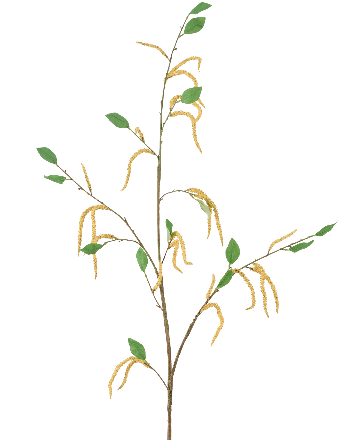The Artificial Flower Amaranth 147 cm yellow consists of a slender branch with green leaves and several hanging yellow catkins, depicted against a white background.