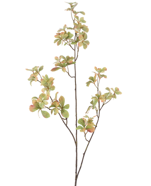 De Kunstbloementak 112 cm groen heeft een slanke, vertakkende stengel met trosjes groene bladeren die lichtroze en crèmekleurig zijn, tegen een effen witte achtergrond.