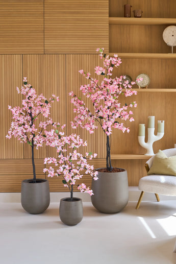 Drie Kunstplant-bougainvilles van 180 cm, roze van kleur en met roze bloemen, staan voor houten wandplanken, naast een moderne witte stoel met een kussen.