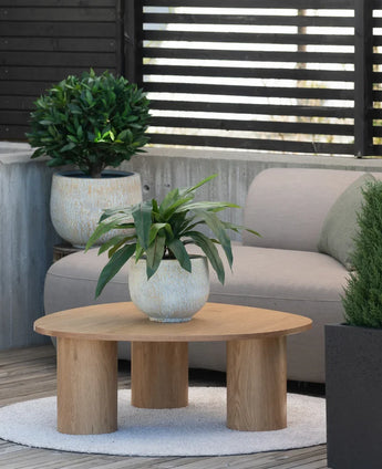 On a small rug next to a gray sofa on a terrace is a wooden coffee table with an artificial plant Bird's Deluxe of 60 cm on top, with a few potted plants in the background.