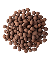 A loose heap of Hydro Granules 10 Liter Bag, round brown clay granules used as a growing medium in hydroponics and aquaponic gardening, shown on a white background.