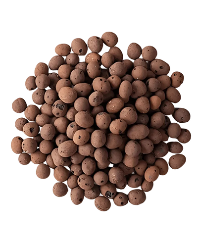 A loose heap of Hydro Granules 10 Liter Bag, round brown clay granules used as a growing medium in hydroponics and aquaponic gardening, shown on a white background.