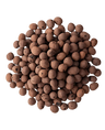 A loose heap of Hydro Granules 10 Liter Bag, round brown clay granules used as a growing medium in hydroponics and aquaponic gardening, shown on a white background.