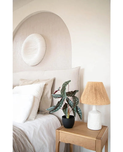 A cozy bedroom with neutral tones has a bed with white linen, a wooden bedside table with the Art Begonia 48 cm in decorative pot black and a woven lamp, and round textured wall art above the bed.