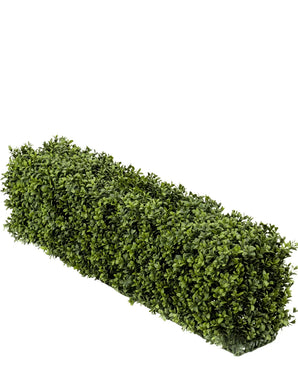 De Kunst Buxushaag 100x20x25 cm UV is een rechthoekige kunst buxushaag met dichte, kleine groene bladeren die lijken op een verzorgde struik, geïsoleerd afgebeeld op een witte achtergrond.