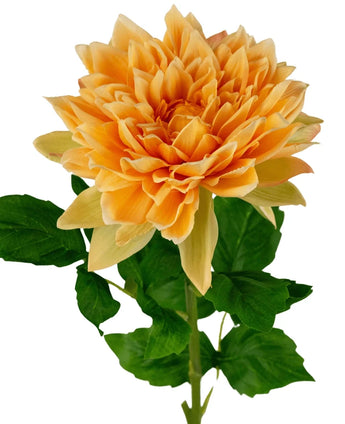 A close-up of the Kunst Georgine Real Touch yellow 70cm, showing a single orange dahlia with layered petals and green leaves on the stem against a white background.