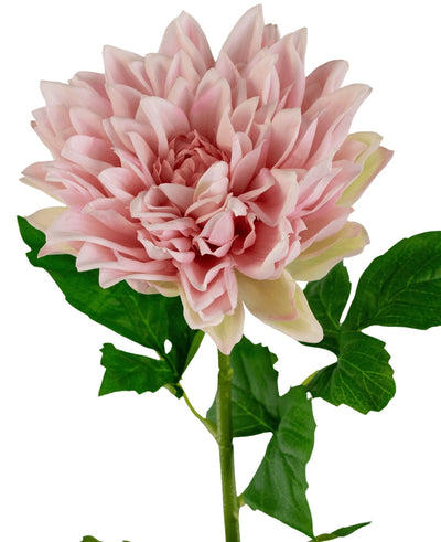 A close-up of the Kunst Georgine Real Touch light pink 70cm shows a single light pink dahlia with layered petals and green leaves on the stem, against a white background.