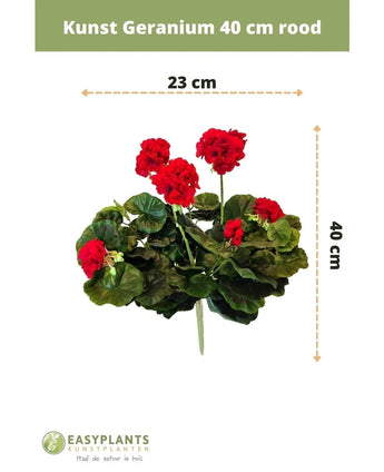 Artificial Geranium 40 cm red with green leaves, 40 cm high and 23 cm wide, depicted on a white background with size markings and the EASYPLANTS ARTIFICIAL PLANTS logo at the bottom.