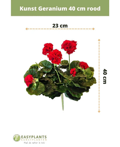 Artificial Geranium 40 cm red with green leaves, 40 cm high and 23 cm wide, depicted on a white background with size markings and the EASYPLANTS ARTIFICIAL PLANTS logo at the bottom.