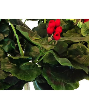 Close-up of lush green leaves with a cluster of vibrant red Artificial Geranium 40 cm axillary buds in between. The thick, slightly wavy leaves closely resemble high-quality artificial plants.