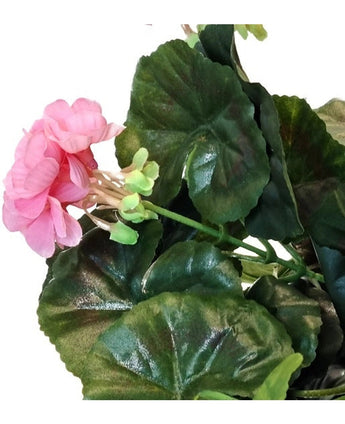 Een close-up van de Kunst Geranium 40 cm roze, met meerdere groene bladeren tegen een witte achtergrond.