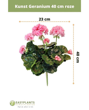 Kunst Geranium 40 cm roze met groene bladeren, 23 cm breed. Afgebeeld tegen een witte achtergrond met maatlabels en het Easyplants Kunstplanten logo onderaan.