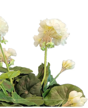 A close-up of the Artificial Geranium 40 cm white, with light white artificial flowers with green leaves against a plain white background.