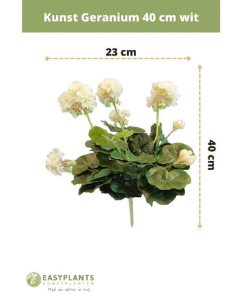 Artificial Geranium 40 cm white: artificial plant with green leaves, height 40 cm and width 23 cm, beautifully displayed against a white background with clear dimensions.