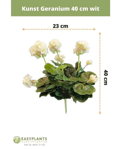 Artificial Geranium 40 cm white: artificial plant with green leaves, height 40 cm and width 23 cm, beautifully displayed against a white background with clear dimensions.