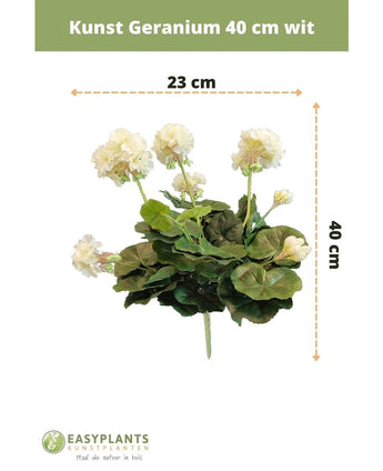 Kunst Geranium 40 cm wit: kunstplant met groene bladeren, hoogte 40 cm en breedte 23 cm, mooi weergegeven tegen een witte achtergrond met duidelijke maatvoering.
