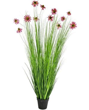 The Artificial Grass Plant Chrysanthemum 180 cm fire retardant is an artificial plant in a pot with high, thin green grass-like leaves and pink chrysanthemum blossoms on long stems, depicted against a white background.