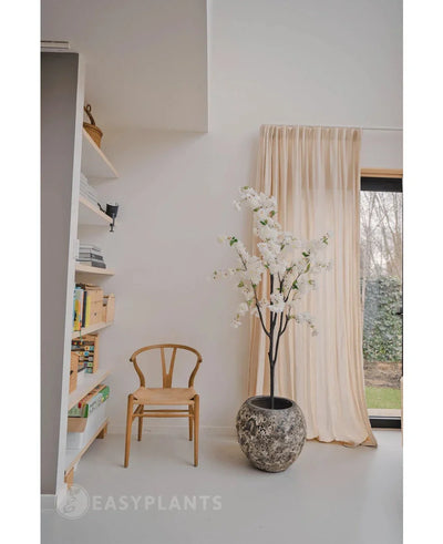 Een minimalistische kamer met een houten stoel, lichtbeige gordijnen, planken met boeken en decor, een raam met uitzicht op de tuin en de Kunst Kersenbloesem 180 cm wit in een hoge vaas.