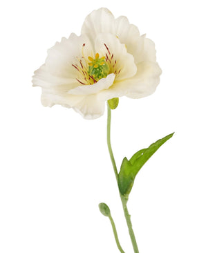 De Kunst Klaproos Real Touch Crème/geel 65cm heeft een enkele witte bloem met delicate bloemblaadjes, een geelgroen hart, dunne steel, groen blad en kleine knop tegen een effen witte achtergrond.