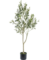 The Artificial Olive Tree 120 cm has slender branches and green leaves in a simple black pot, ideal as a decorative element for a Mediterranean atmosphere on a white background.