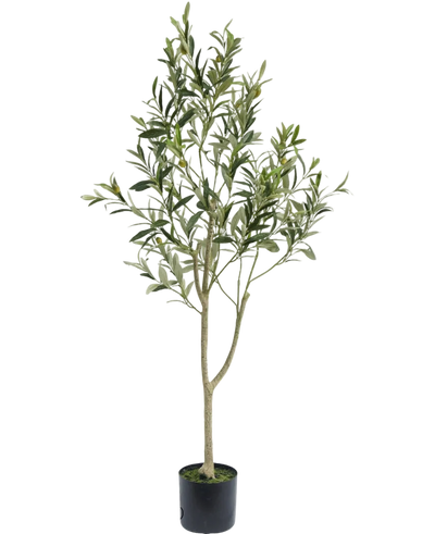 The Artificial Olive Tree 120 cm has slender branches and green leaves in a simple black pot, ideal as a decorative element for a Mediterranean atmosphere on a white background.