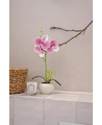 De Kunst Orchidee 28 cm wit/roze in pot staat op een betegeld oppervlak naast een gevlochten mand en een witte Diptyque geurkaars, tegen een lichte muur met een kale tak erboven.