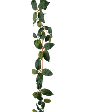 De Kunst Tradescantia Slinger Groen 180 cm heeft een lange, hangende klimplant met groene, ovale bladeren en dunne, roodachtige stengels, afgebeeld tegen een witte achtergrond.