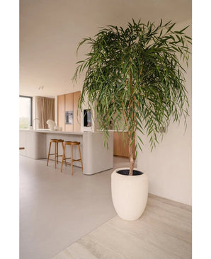 Een Kunst Wilgenboom 210 cm met lange, slanke bladeren voegt groen toe aan een moderne keuken met lichthouten kasten, een wit eiland en houten barkrukken. Zonlicht uit het raam benadrukt zijn aanwezigheid in de minimalistische ruimte.