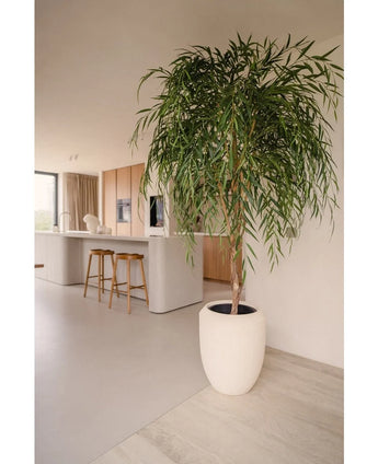 An Artificial Willow Tree 210 cm with long, slender leaves adds greenery to a modern kitchen with light wood cabinets, a white island and wooden bar stools. Sunlight from the window emphasizes its presence in the minimalist space.