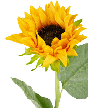 Een close-up van de Kunst Zonnebloem Real Touch 61cm, met een levendige gele zonnebloem met een donkerbruin hart en groene bladeren tegen een witte achtergrond.