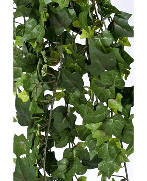 Close-up of dense, green leaves with visible veins and stems on the Artificial ivy hanging plant 125 cm fire retardant, against a plain white background.