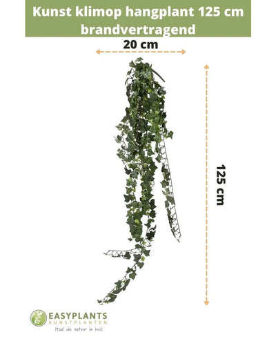 The Artificial ivy hanging plant 125 cm fire retardant is depicted against a white background with size indications and the Easyplants Kunstplanten logo at the bottom.