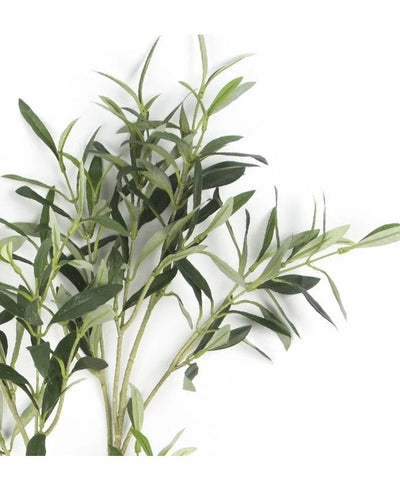 The Artificial Olive Leaf 90 cm UV has long, slender green leaves and light-colored stems against a white background for a Mediterranean touch.