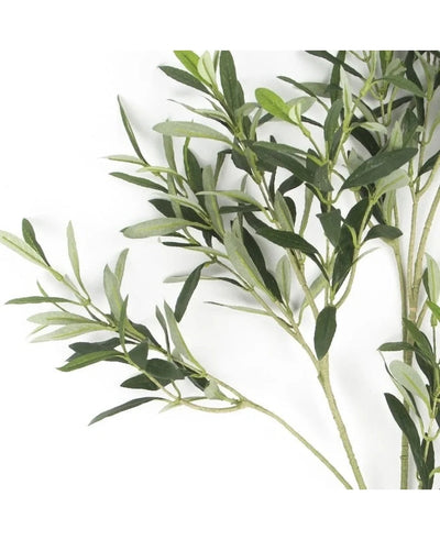 A close-up of the Artificial Olive Leaf 90 cm UV shows slender green leaves that add a Mediterranean atmosphere to any room against a white background.