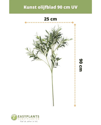 Artificial olive leaf 90 cm UV from EasyPlants, 90 cm high and 25 cm wide. This UV-resistant artificial leaf will bring a lasting Mediterranean atmosphere to your space with its vibrant green leaves.