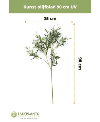 Artificial olive leaf 90 cm UV from EasyPlants, 90 cm high and 25 cm wide. This UV-resistant artificial leaf will bring a lasting Mediterranean atmosphere to your space with its vibrant green leaves.