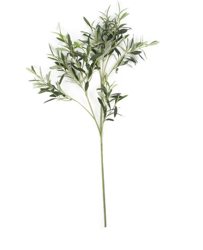 The artificial olive leaf 90 cm fire retardant has slender leaves and multiple stems, ideal as a Mediterranean decoration. UV resistant and flame retardant, isolated on white background.