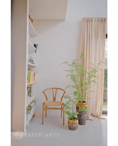 In een lichte kamer staan een houten stoel, een boekenkast en drie groene potplanten – waaronder de opvallende Kunst varen plant 120 cm – opgesteld bij een raam dat tot aan de vloer reikt en voorzien is van beige gordijnen. De ruimte straalt rust en minimalisme uit, perfect om prachtige kamerplanten of een elegante kunstplant zoals de Kunst-varen van 120 cm in te zetten.