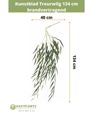 Kunstblad Treurwilg 134 cm brandvertragend met lange, slanke groene bladeren (40 cm breed). Maat- en merkinformatie staat boven- en onderaan op een witte achtergrond.